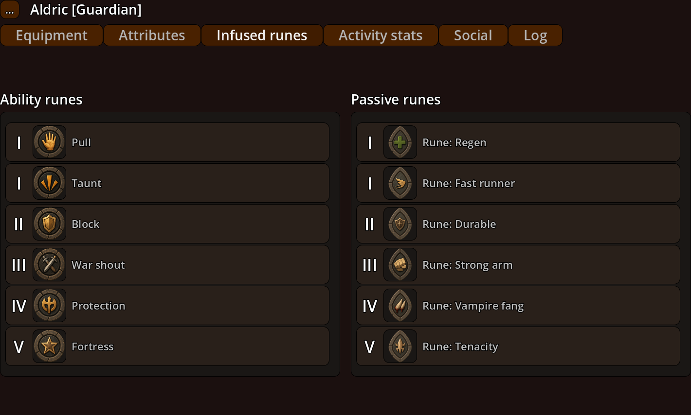 Aldric’s Infused runes tab with six ability runes and six passive runes, filling slots from tier I to tier V.