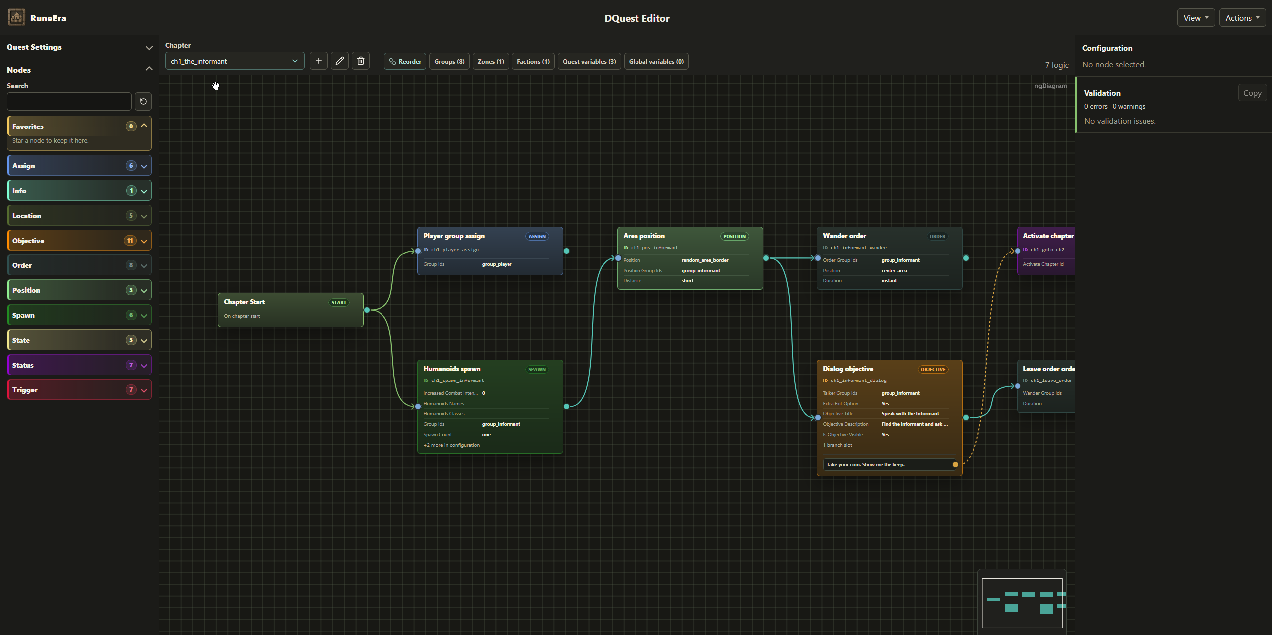 A DQuest chapter displayed as a connected visual logic graph in the RuneEra editor