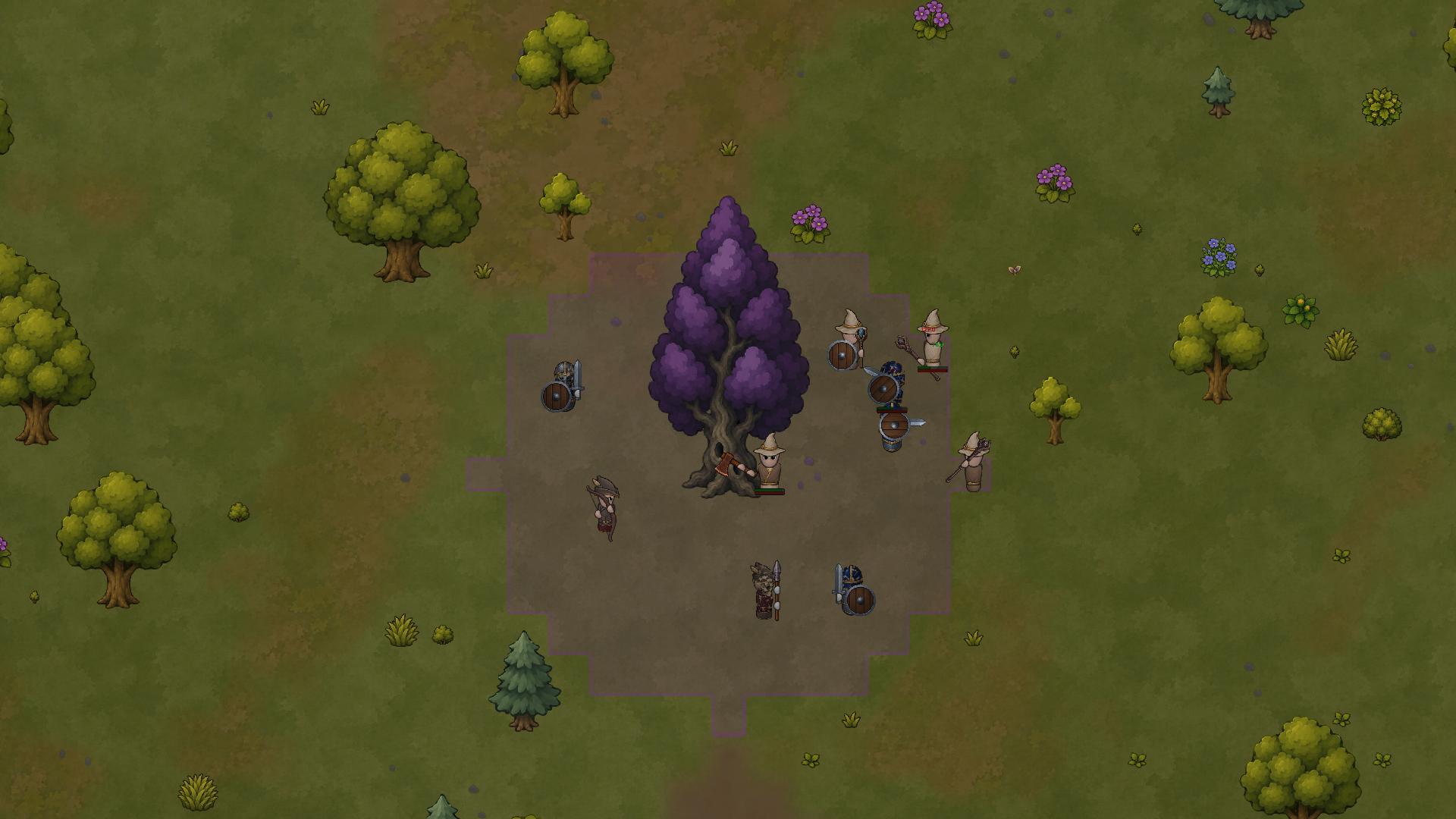 A RuneEra guild investigating a corrupted purple tree during a wilderness event