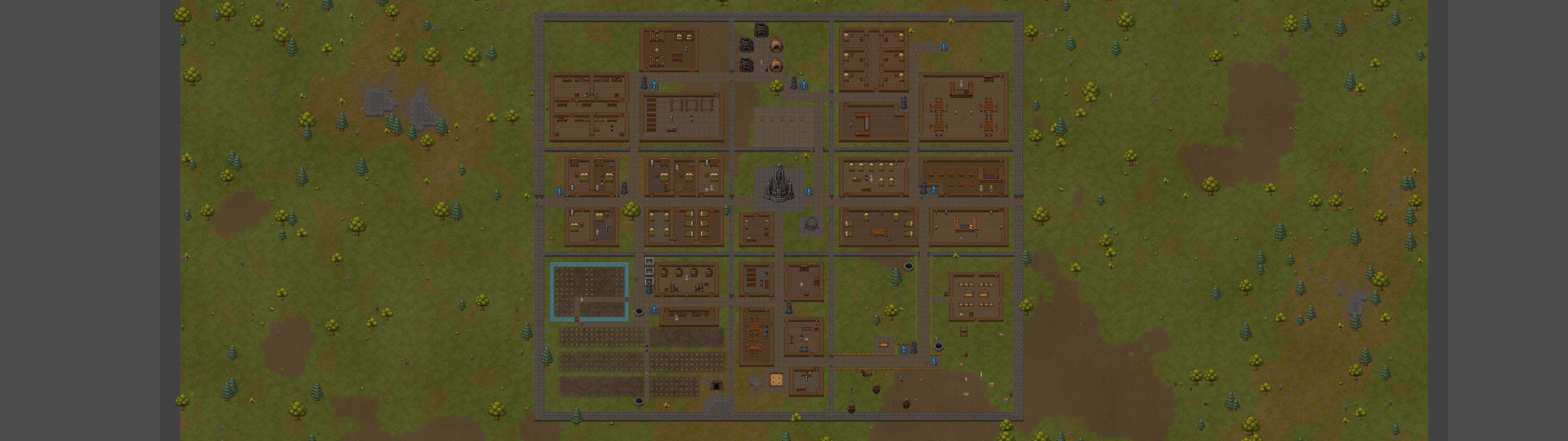 A wide overview of a developed RuneEra settlement and its surrounding wilderness