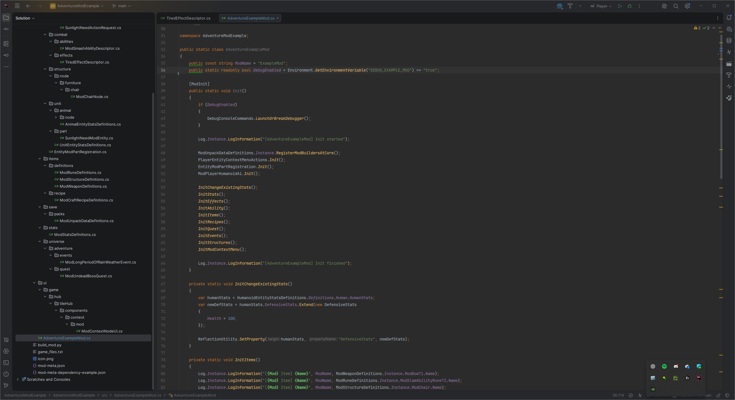 The RuneEra AdventureModExample initializer and mod project structure open in Rider