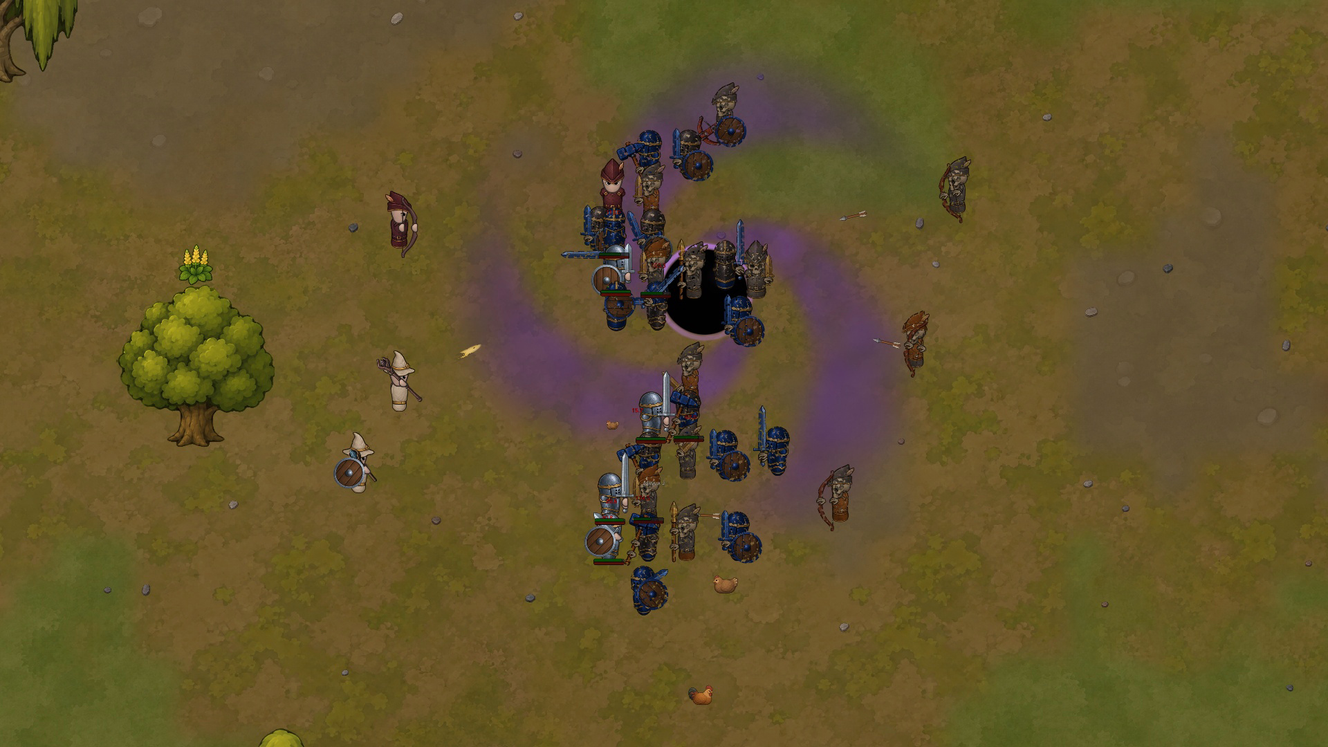 A large magical vortex pulling enemy forces together during a RuneEra battle