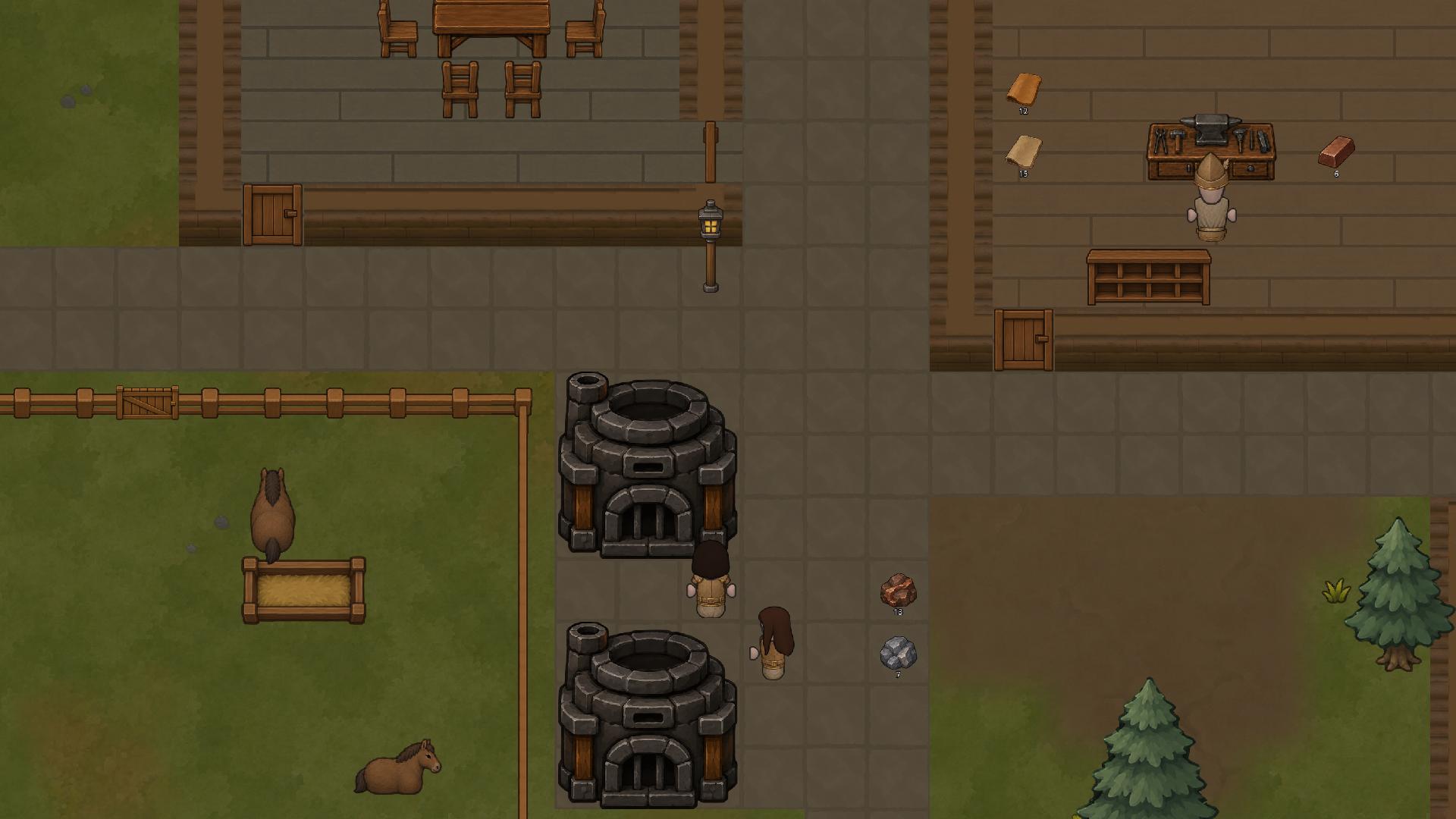 RuneEra settlers crafting supplies at workshops and furnaces inside their settlement