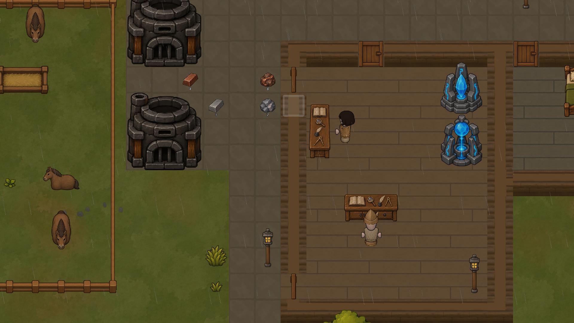 RuneEra researchers working beside magical technology in a settlement workshop