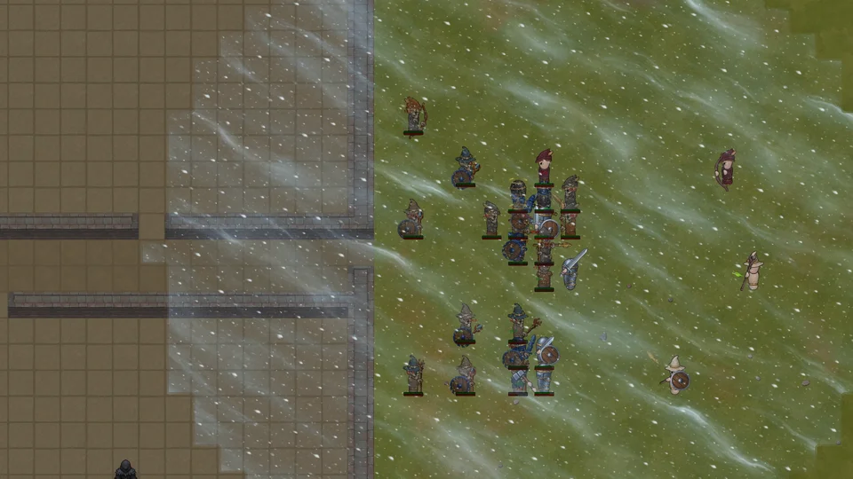 Guild members fight undead beside a castle entrance while Blizzard sweeps through the battle.